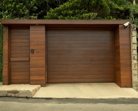 Wooden garage with pedestrian door