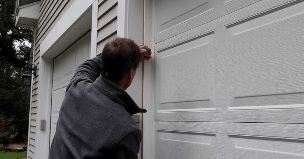 Man installing seal on garage door.